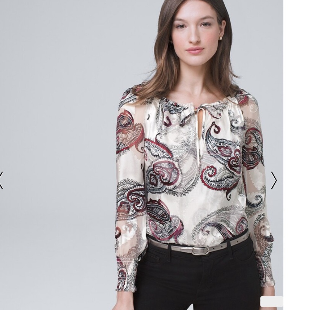 NWT White House Black Market Silk-Blend Paisley-Burnout Blouse Black Red XS
